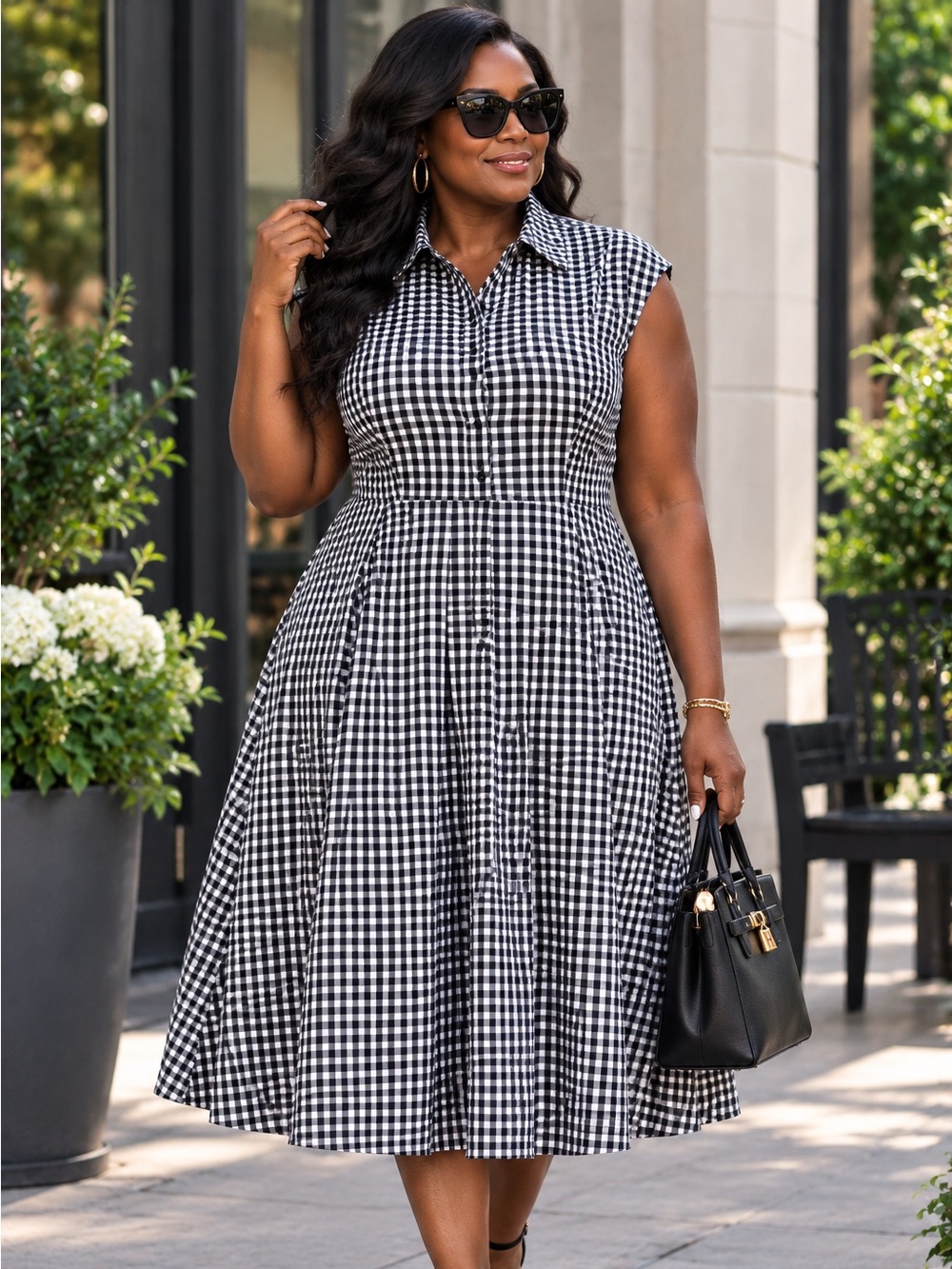 Rihoas Black & White Gingham Sleeveless Dress size L NWOT